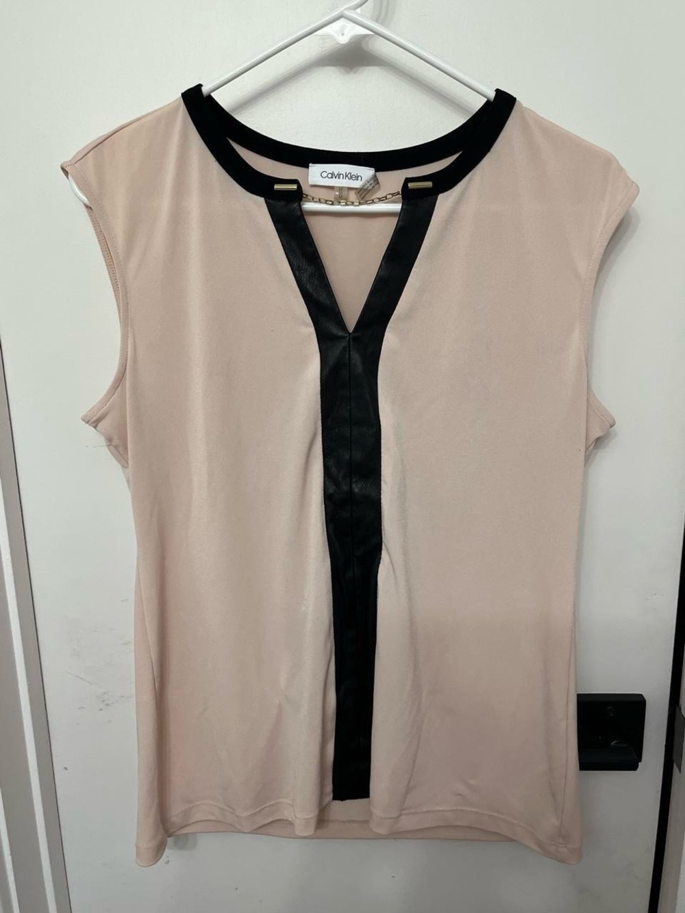 Calvin Klein Blush Pink Cap-Sleeve Top with Black Faux-Leather Trim